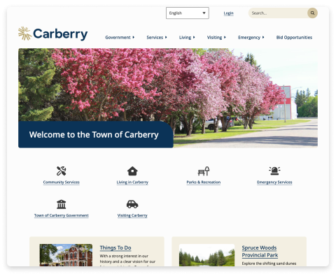 Screenshot of the Town of Carberry website homepage