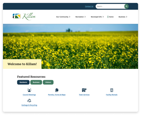 Screenshot of the Town of Killam website homepage