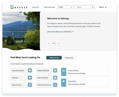Screenshot of the Village of Nakusp website homepage