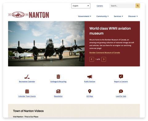 Screenshot of the Town of Nanton website homepage