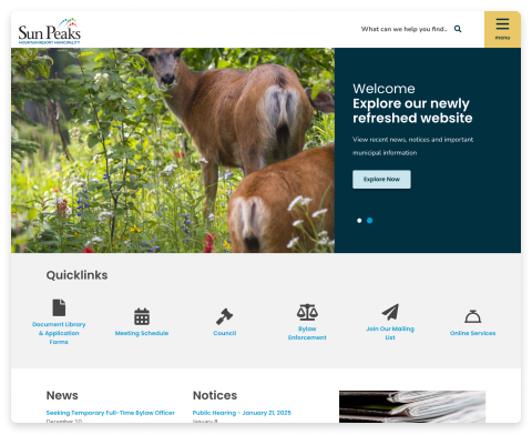 Screenshot of the Sun Peaks Municipality website homepage