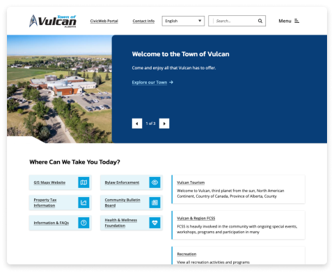 Screenshot of the Town of Vulcan website homepage