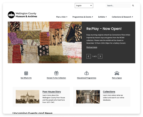 Screenshot of the Wellington County Museum website homepage