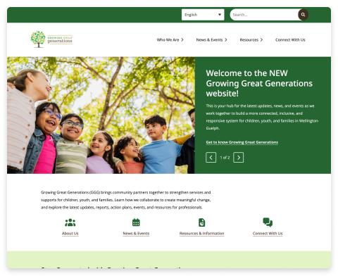 Screenshot of wellington growing great generations website homepage showing banner, and branding