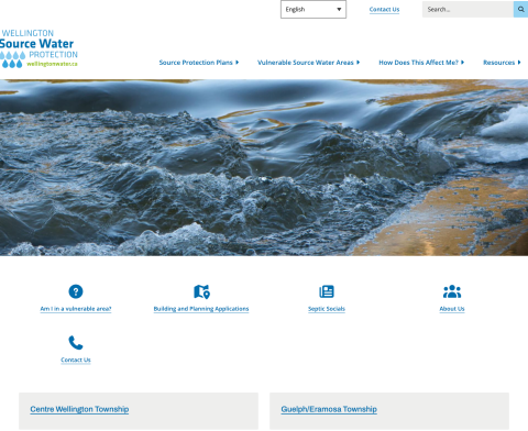 Wellington Water homepage screenshot with horizontal menu, full width banner, and 5 icon quicklinks under the banner