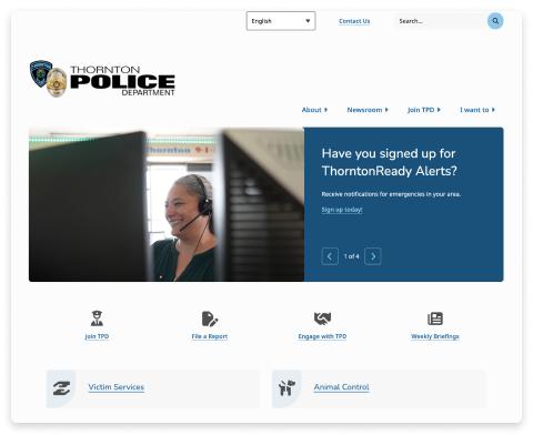 Thornton PD homepage screenshot with menu, banner of woman with two screens, and icon based quick links