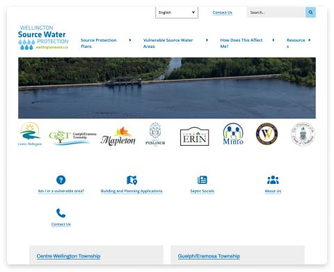 Homepage screenshot of wellington source water with a long narrow banner with affiliates below, and icon quicklinks